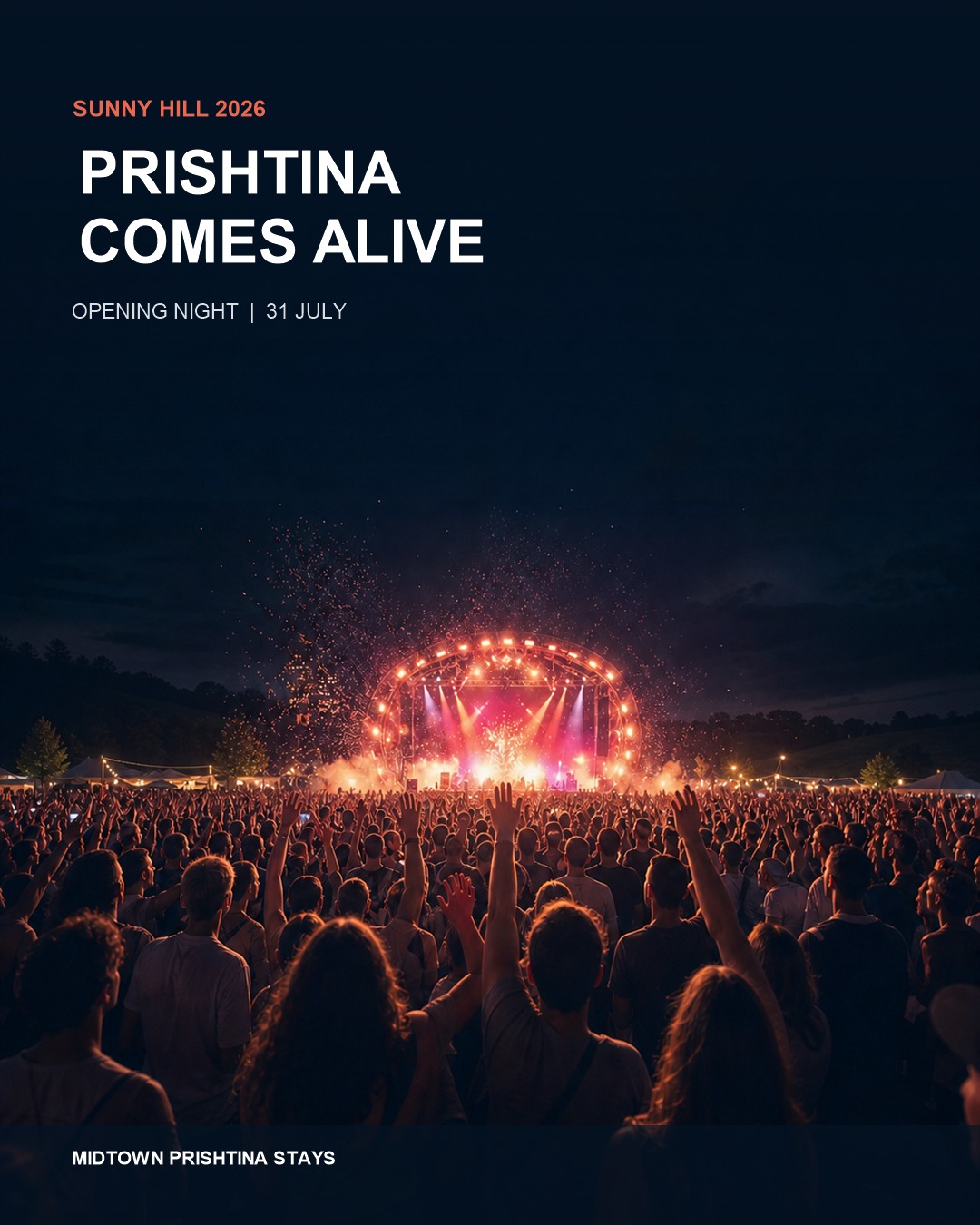 Original editorial artwork showing a lively nighttime festival crowd in Prishtina
